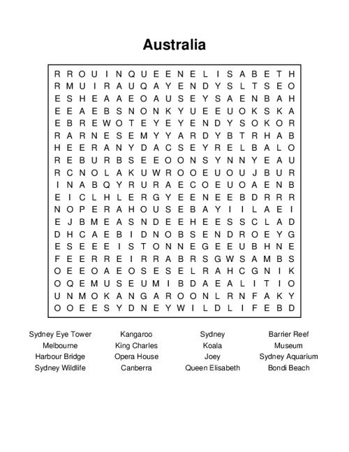 Australia Word Search Puzzle