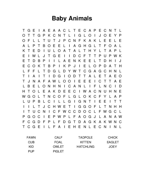 Baby Animals Word Search Puzzle