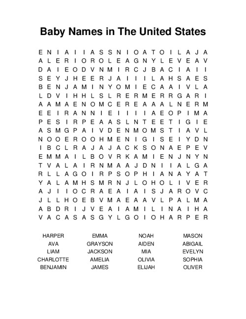 Baby Names in The United States Word Search Puzzle