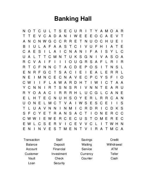 Banking Hall Word Search Puzzle