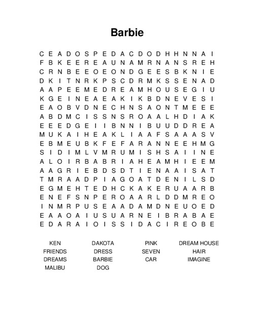 Barbie Word Search Puzzle