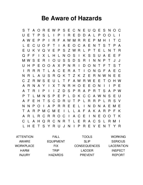 Be Aware of Hazards Word Search Puzzle