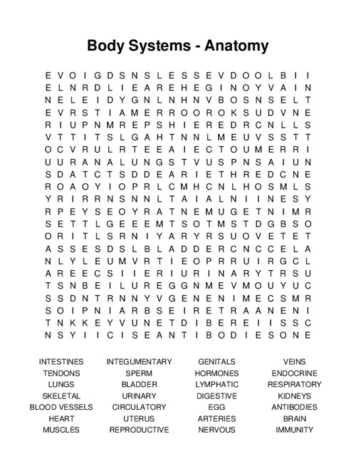 Body Systems - Anatomy Word Search Puzzle