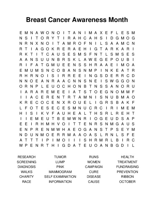 Breast Cancer Awareness Month Word Search Puzzle