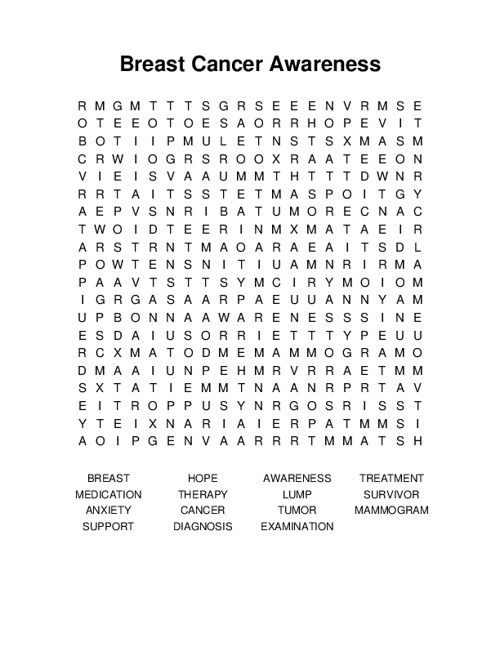 Breast Cancer Awareness Word Search Puzzle