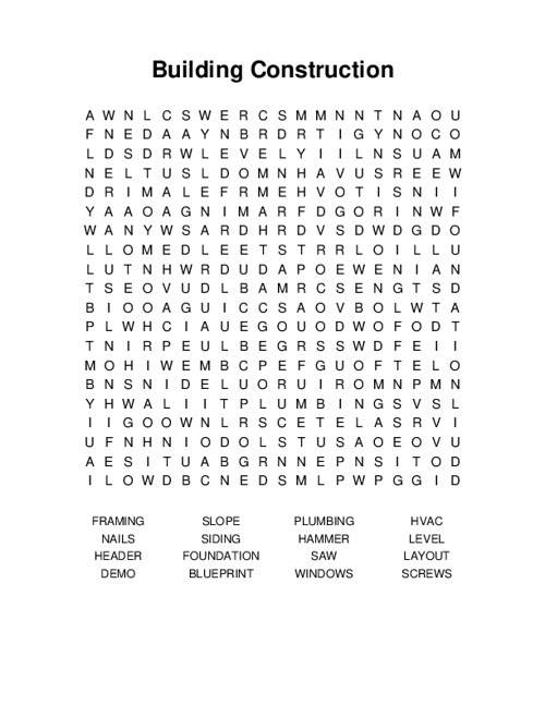 Building Construction Word Search Puzzle