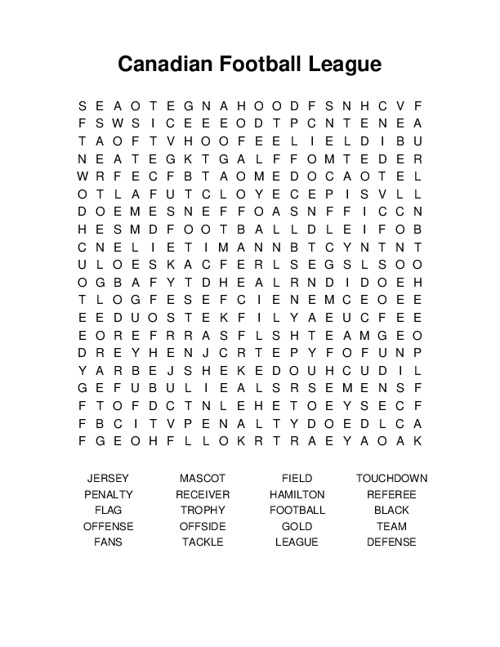 Canadian Football League Word Search Puzzle