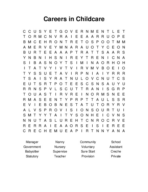 Careers in Childcare Word Search Puzzle