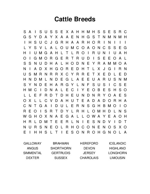 Cattle Breeds Word Search Puzzle