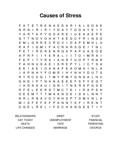 Causes of Stress Word Search Puzzle