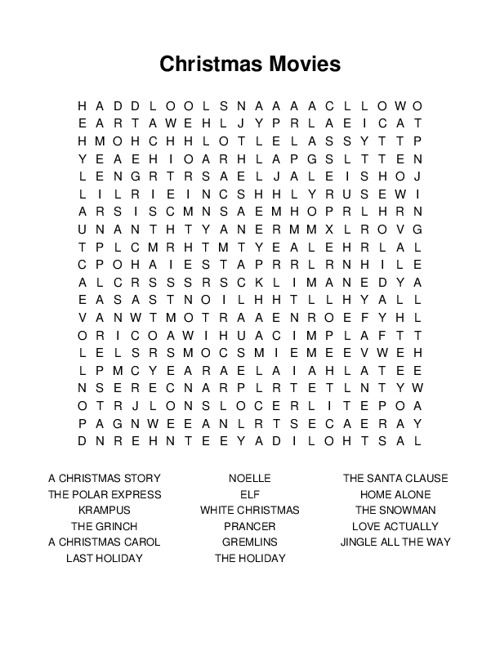 Christmas Movies Word Search Puzzle