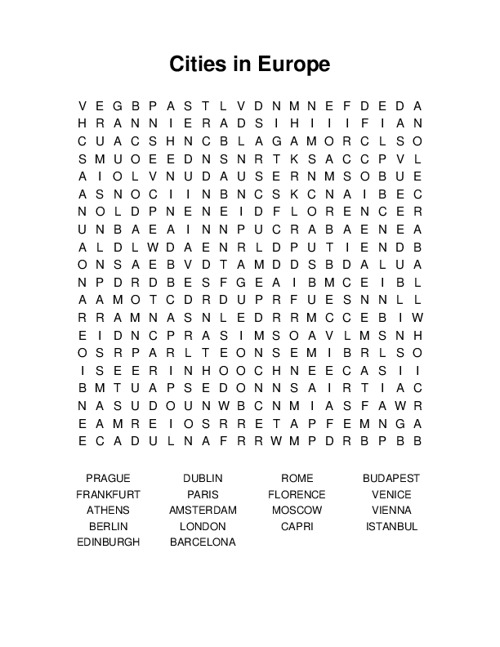 Cities in Europe Word Search Puzzle