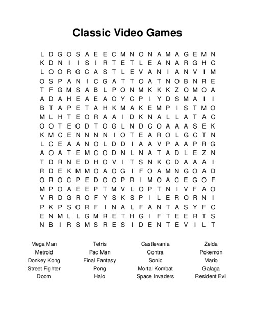 Classic Video Games Word Search Puzzle