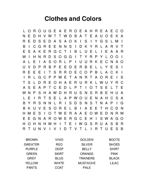 Clothes and Colors Word Search Puzzle