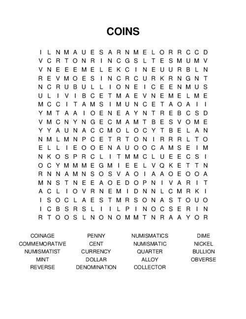COINS Word Search Puzzle