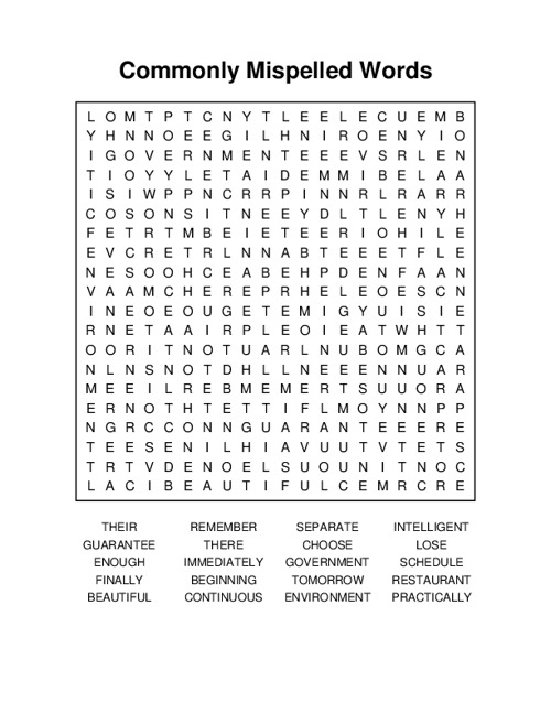 Commonly Mispelled Words Word Search Puzzle