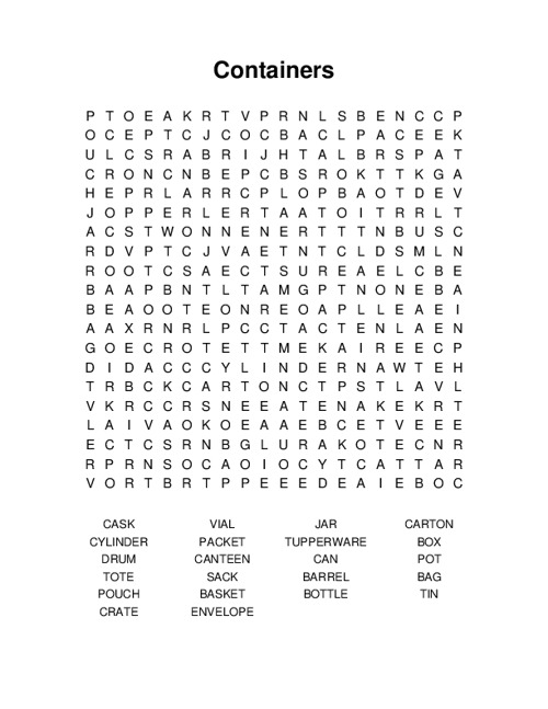 Containers Word Search Puzzle