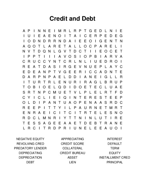 Credit and Debt Word Search Puzzle
