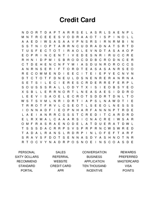 Credit Card Word Search Puzzle