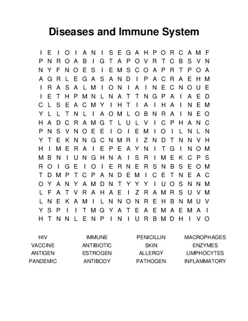 Diseases and Immune System Word Search Puzzle