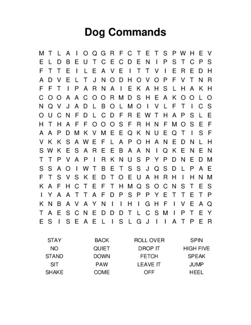 Dog Commands Word Search Puzzle