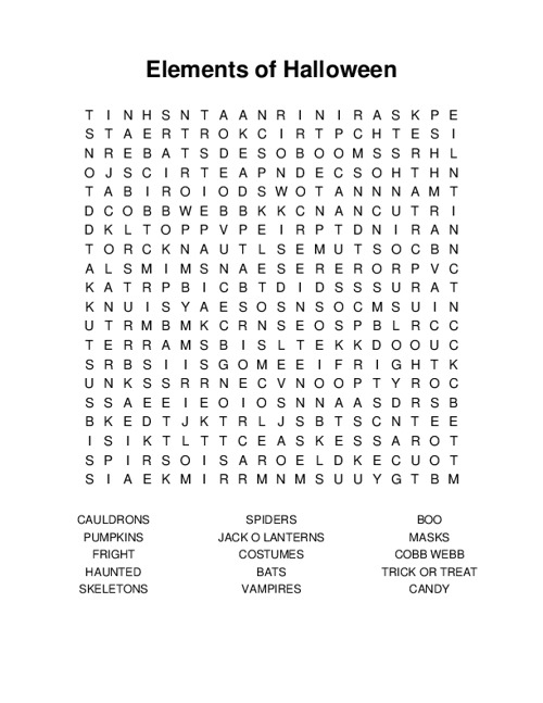 Elements of Halloween Word Search Puzzle