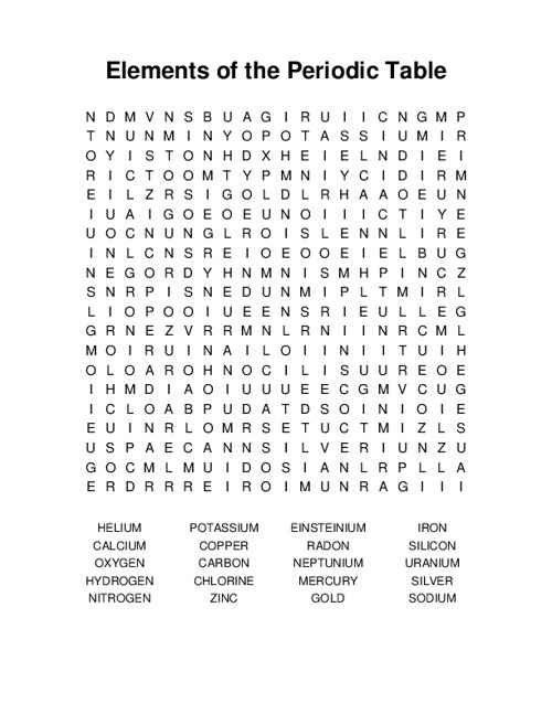 Elements of the Periodic Table Word Search Puzzle
