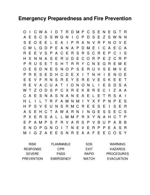 Emergency Preparedness and Fire Prevention Word Search Puzzle