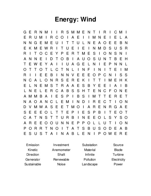 Energy: Wind Word Search Puzzle