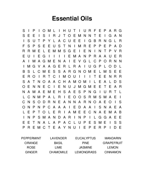 Essential Oils Word Search Puzzle