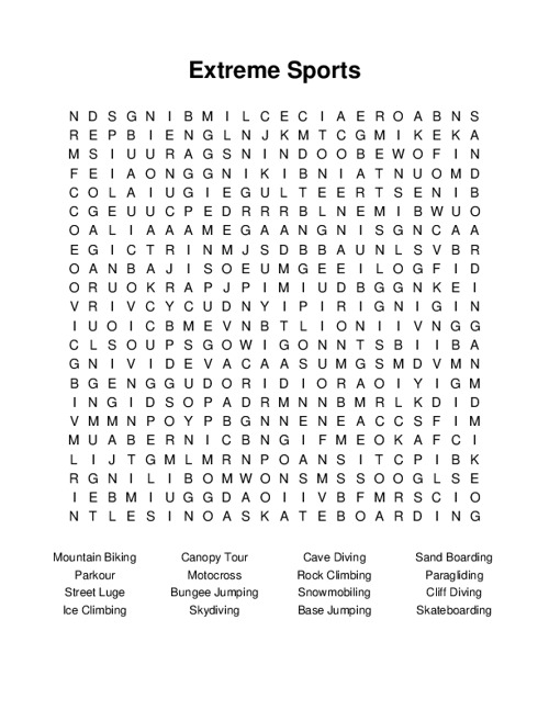 Extreme Sports Word Search Puzzle
