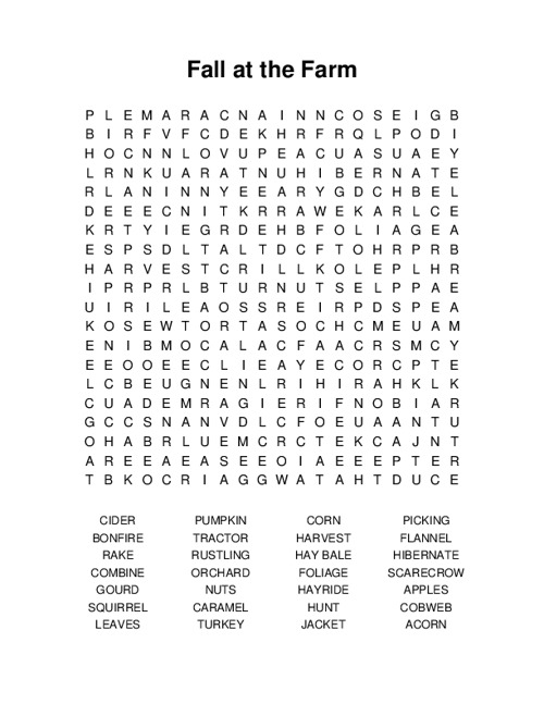 Fall at the Farm Word Search Puzzle