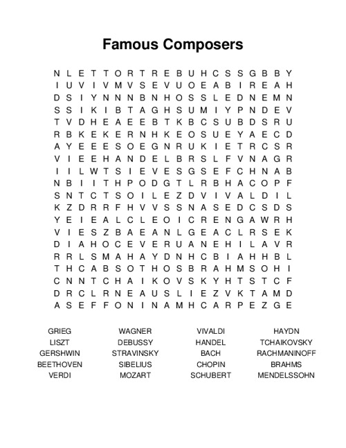 Famous Composers Word Search Puzzle