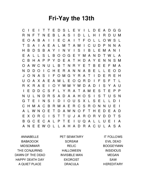 Fri-Yay the 13th Word Search Puzzle
