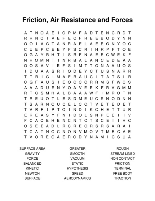 Friction, Air Resistance and Forces Word Search Puzzle