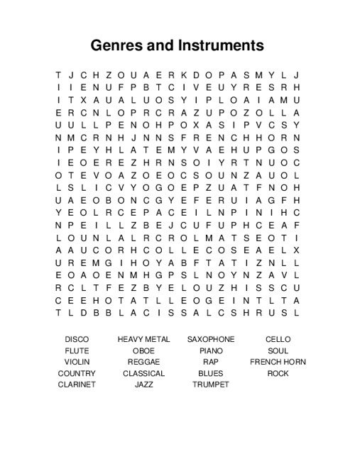 Genres and Instruments Word Search Puzzle