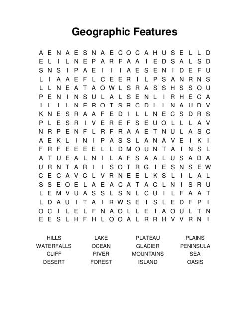 Geographic Features Word Search Puzzle