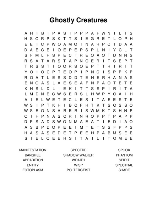Ghostly Creatures Word Search Puzzle