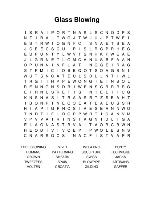 Glass Blowing Word Search Puzzle