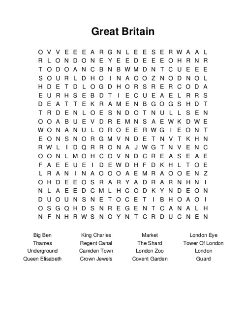 Great Britain Word Search Puzzle