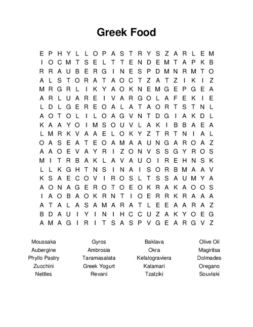 Greek Food Word Search Puzzle