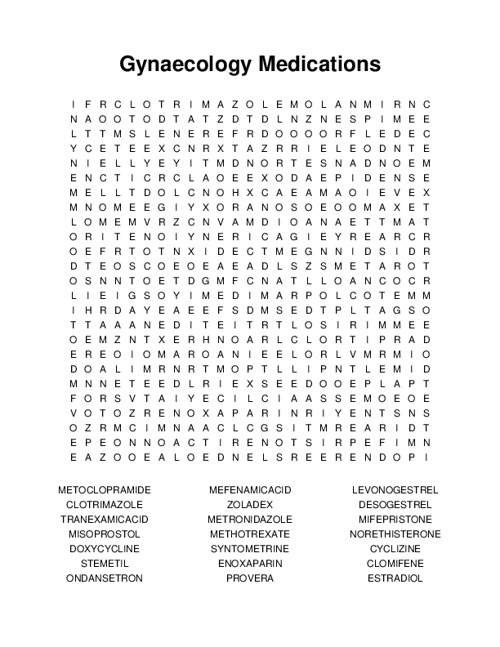 Gynaecology Medications Word Search Puzzle