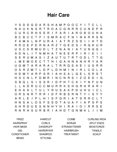 Hair Care Word Search Puzzle