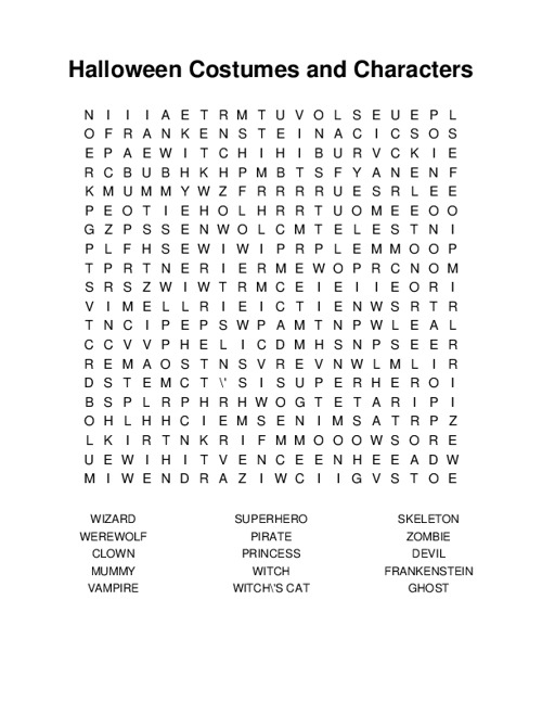 Halloween Costumes and Characters Word Search Puzzle