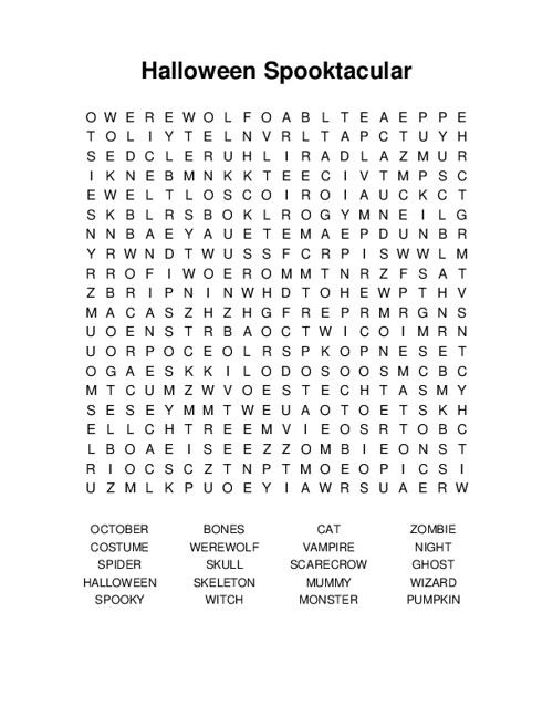 Halloween Spooktacular Word Search Puzzle