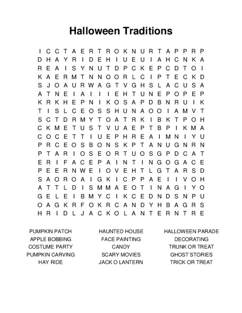 Halloween Traditions Word Search Puzzle