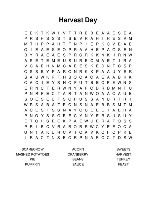 Harvest Day Word Search Puzzle
