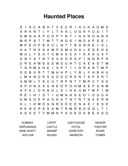 Haunted Places Word Search Puzzle