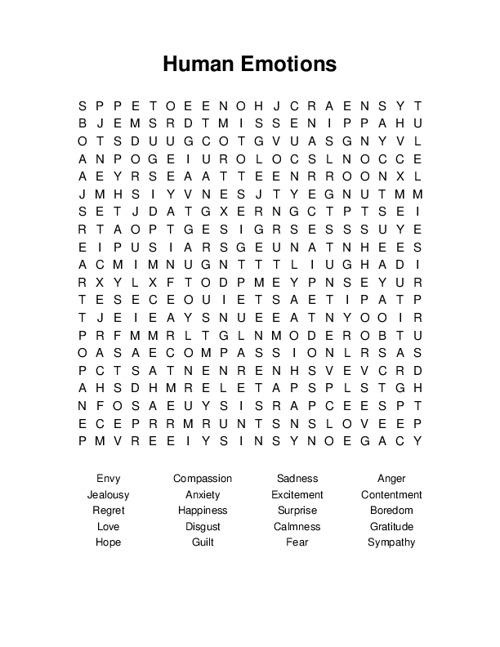 Human Emotions Word Search Puzzle
