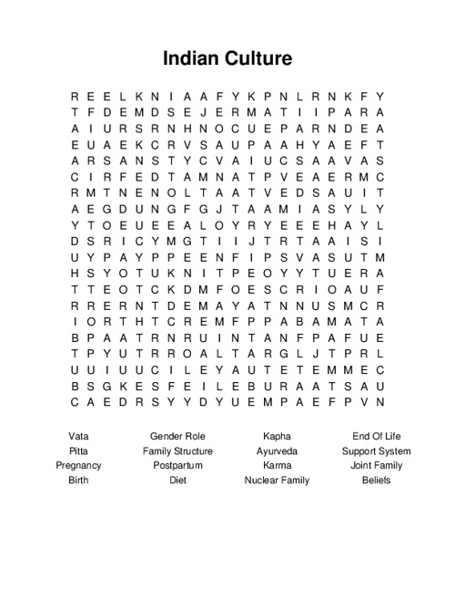 Indian Culture Word Search Puzzle